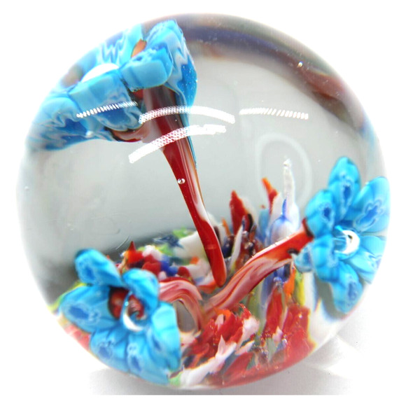 Hand Blown Glass Paper Weight • Three Detailed Blue Flowers Red Stem Multi Color - Picture 3 of 8